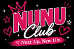 A graphic design on a black background featuring the text 'NUNU Club' in bold pink and white lettering, decorated with a pink crown, hearts, stars, and a pink banner reading 'Next Up, New U'.